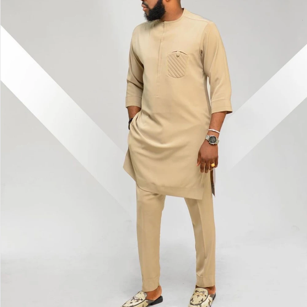 Men's Elegant Suit Pants Set Embroidery Crew Neck Long Sleeve Solid Color Two-piece Social African Men's Style (M-4XL)