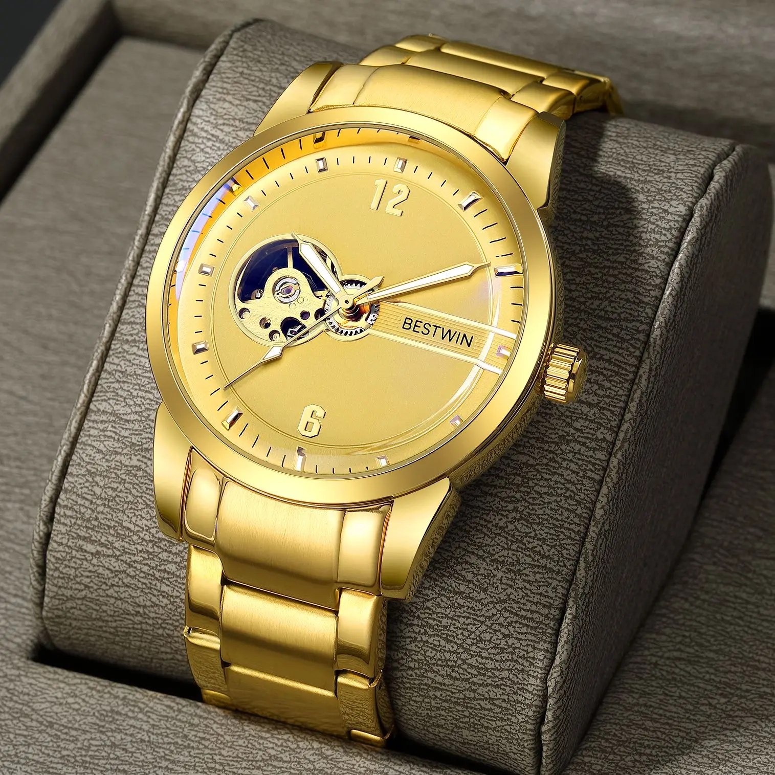 TopLuxuryAutomaticMechanicalMensWatchTransparentStainlessSteel