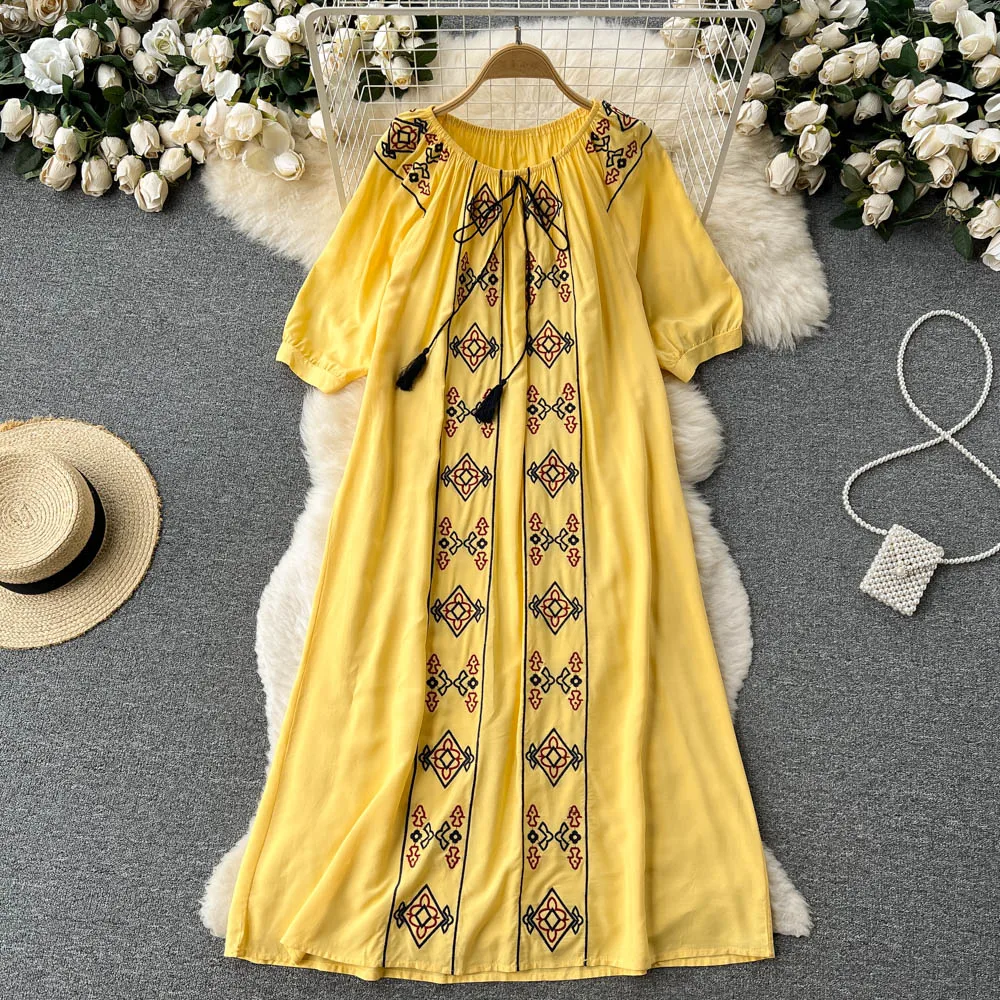 

National Printed Loose Dress Thin Summer Women's New Fashion Pop Short Sleeved Mid Length Skirt