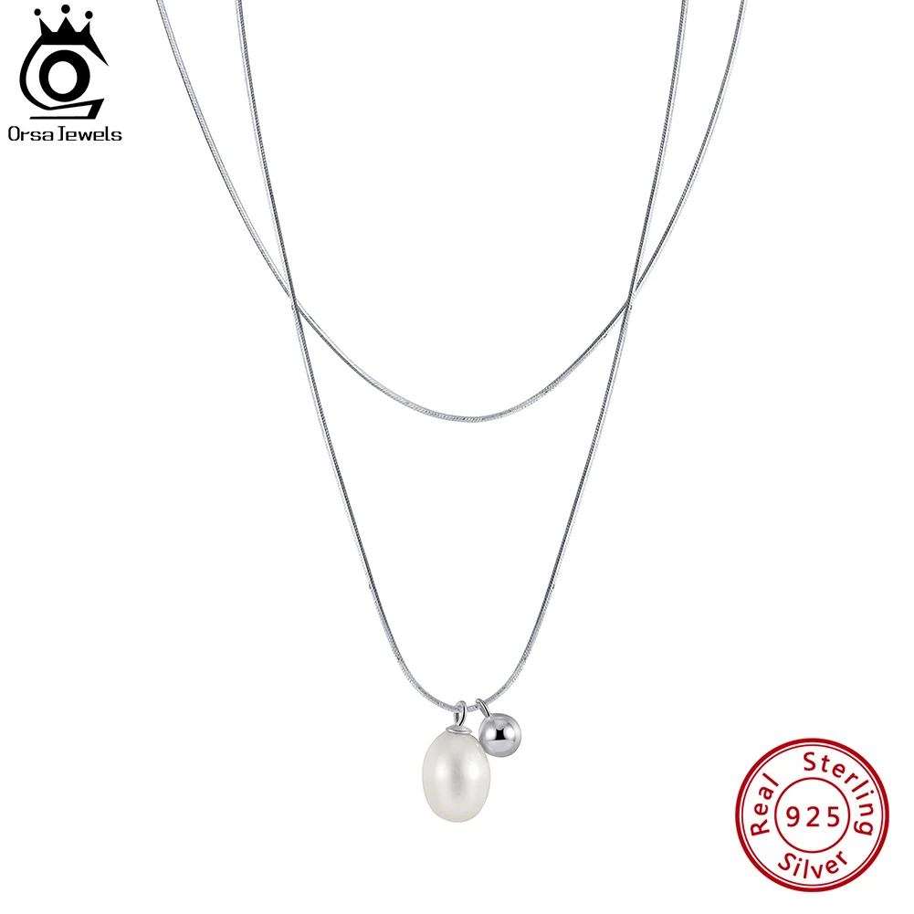 

ORSA JEWELS Genuine 925 Sterling Silver Layered 8 Sided Snake Chain with Natural Baroque Pearl Dainty Tiny Chain for Women GPN61