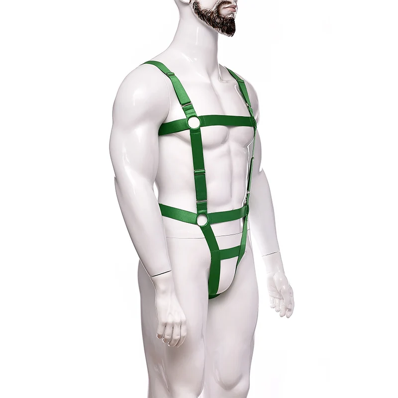 Elastic Body Sexy Harness Chest Halter Jockstrap Hollow Men Muscle Show Performance Clothing Adjust Bodysuit Harness Cage Set