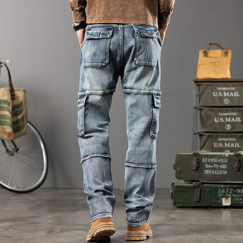 Autumn and winter new styles Men's Outdoor Wide Leg Workwear Multi-Pocket Jeans Straight fit plus size men's jeans  42 44 2