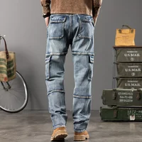 Autumn and winter new styles Men's Outdoor Wide Leg Workwear Multi-Pocket Jeans Straight fit plus size men's jeans  42 44 2