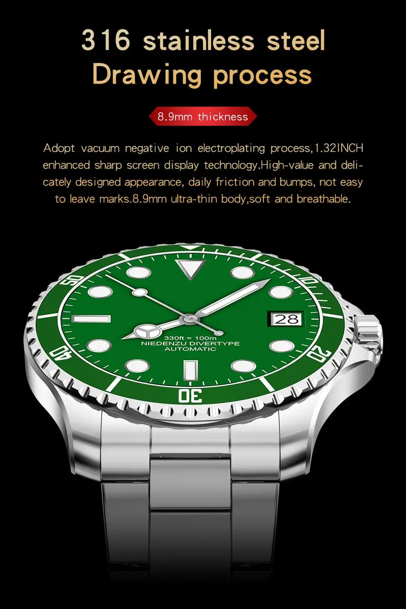 2022 New Smart Green Watch for Men Business Fashion Movement Heart Rate Fitness IP68 Smart Bracelet for Xiaomi Phone Android IOS