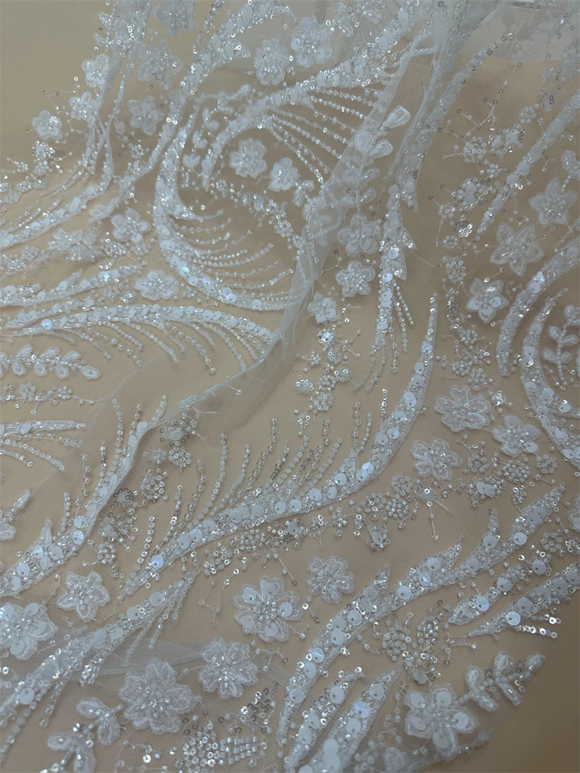 

High Quality Nigerian French Mesh Tulle Lace Fabric Embroidery African L-13084812 Lace Fabric With Beads For Dress