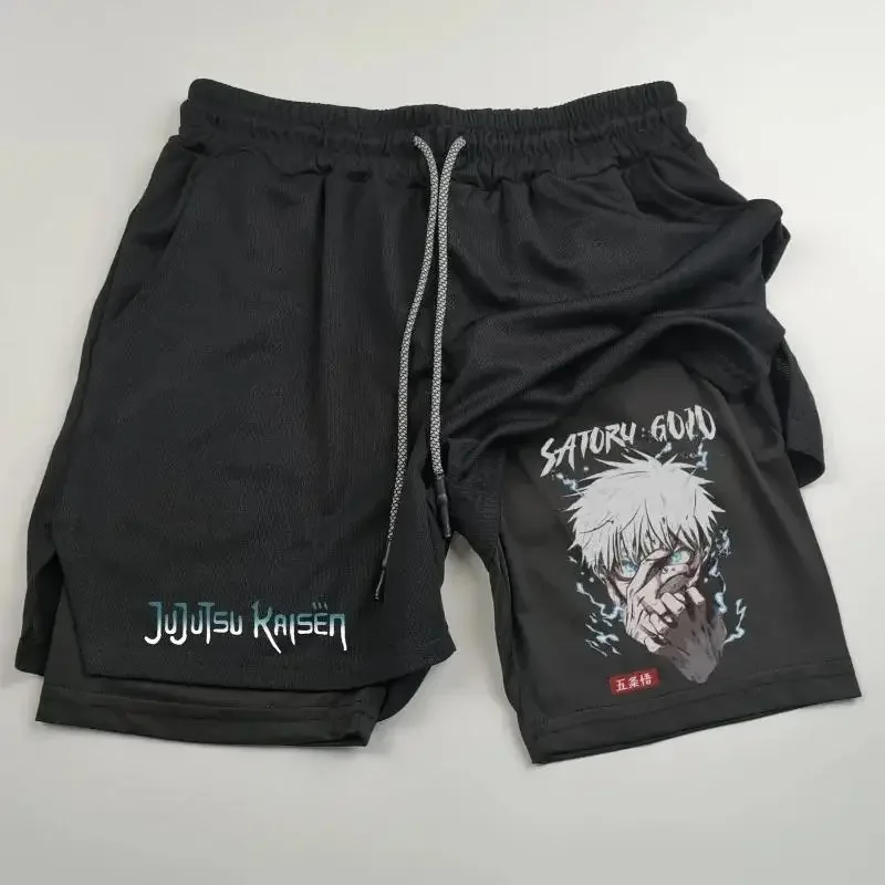 애니메이션 Jujutsu Kaisen 남성용 2-in-1 압축 반바지, 포켓이 있는 운동용 속건성 퍼포먼스 반바지, 체육관 운동 피트니스