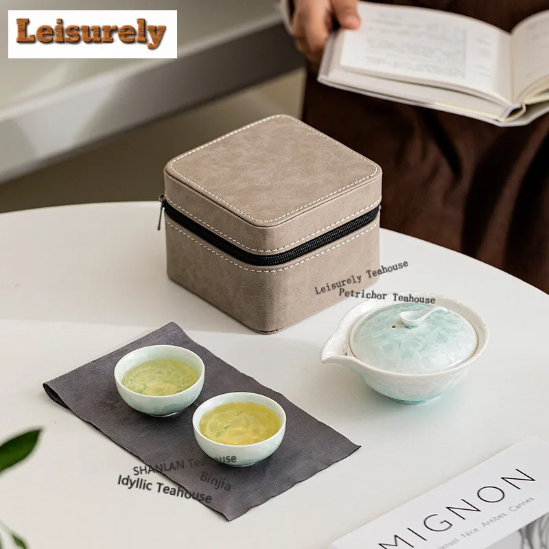 Crystal Glaze Kiln Fambe Travel Tea Set Kit Traditional 1 Pot 2 Cups Tea Brewing Organizer Portable Outdoor Handbag Supplies