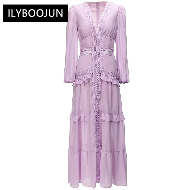 

Autumn Maxie Dress Women V-Neck Lantern Sleeve Hollow Out Ruffle Solid Color Vacation Dresses For Women 2023 Luxury High Quality