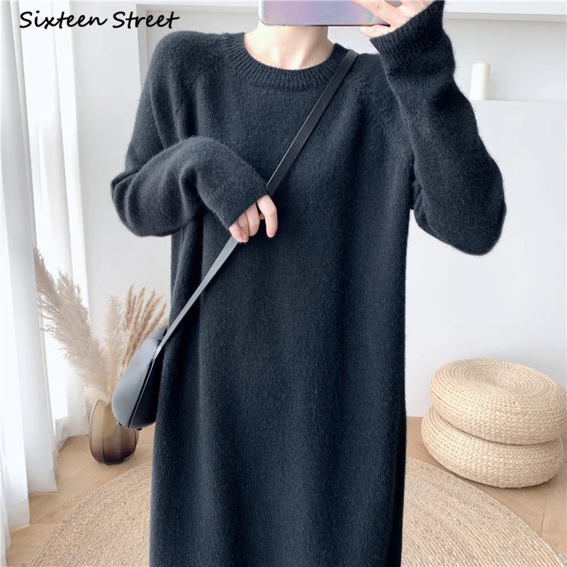 

Женское длинное шерстяное платье-свитер, черное свободное трикотажное платье оверсайз с круглым вырезом, Осень-зима 2022