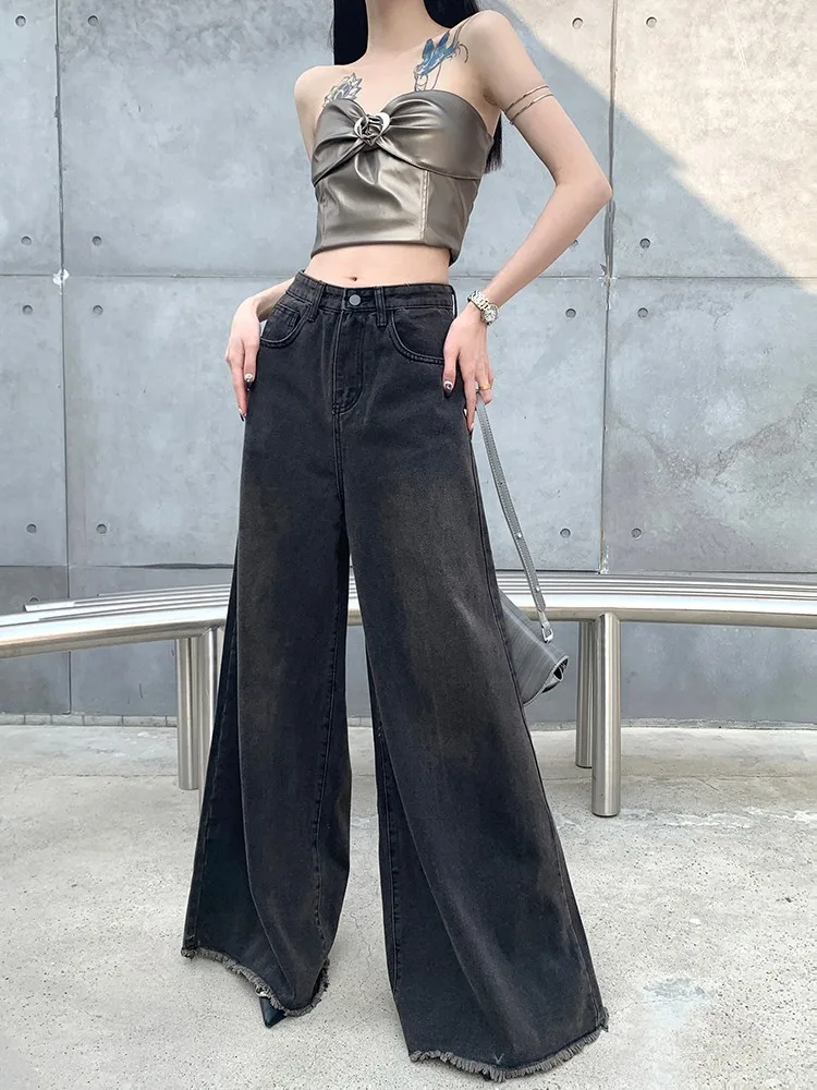 

Винтажные Женские джинсы-клеш GUUZYUVIZ с необработанными краями, свободные ультраширокие брюки из хлопка, черные, серые