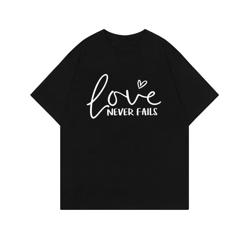 

Love Never Fail Woman Slogan T Shirt Aesthetic Love Heart Graphic Tee Casual Christian Tops Woman's t-shirt