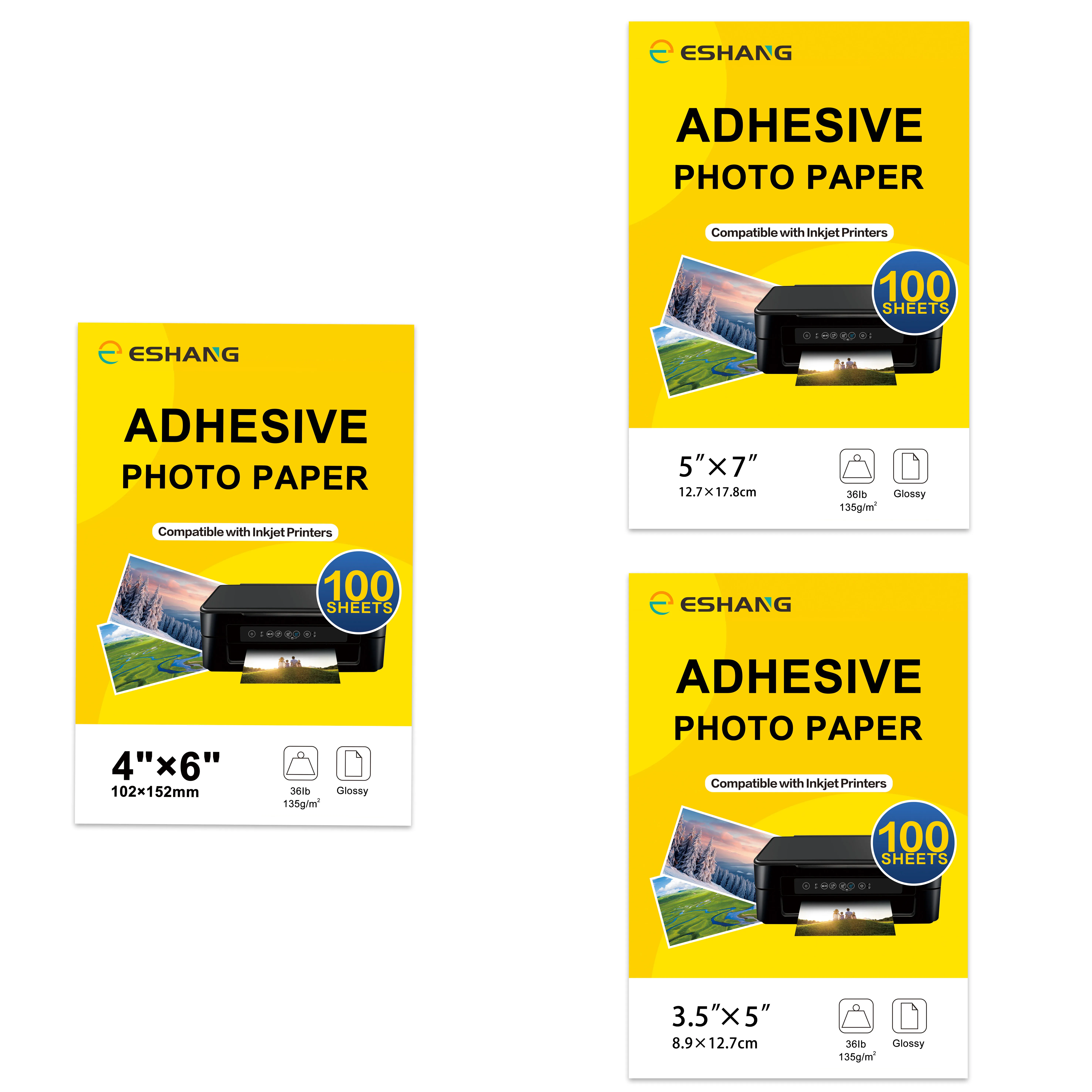 

【New cover】ESHANG Self-Adhesive Photo Paper Glossy Sticker Paper for Inkjet Printer,5/6/7inch 100Sheets, 135 gsm 36Ib