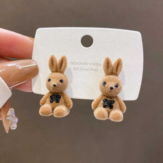 Plush Rabbit Bear Stud Earrings Kawaii Brown Khaki Animal Earrings For Women Girls Korean Earring Jewelry Brincos Gifts