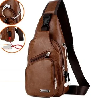 خمر بلون لينة بولي Leather الجلود متعددة الوظائف USB شحن رجل حقيبة صدر للرجال سستة الكتف حقائب كروسبودي للرجال الاستخدام اليومي 2