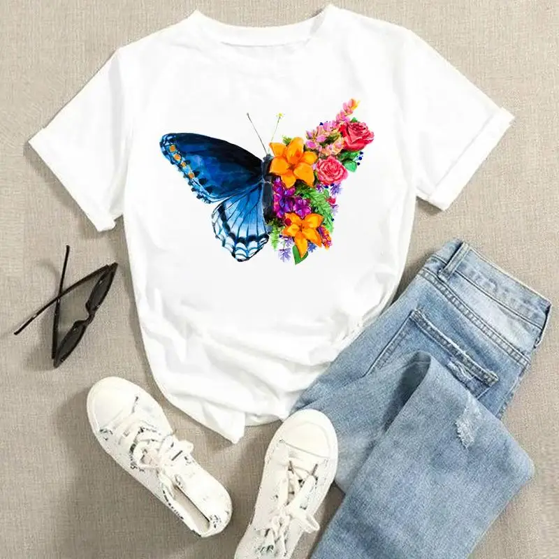 

Female Clothes Tshirts Tops T-Shirt Ladies Women Flower Butterfly Lovely Cute Graphic Tees Short Sleeve Cartoon Summer
