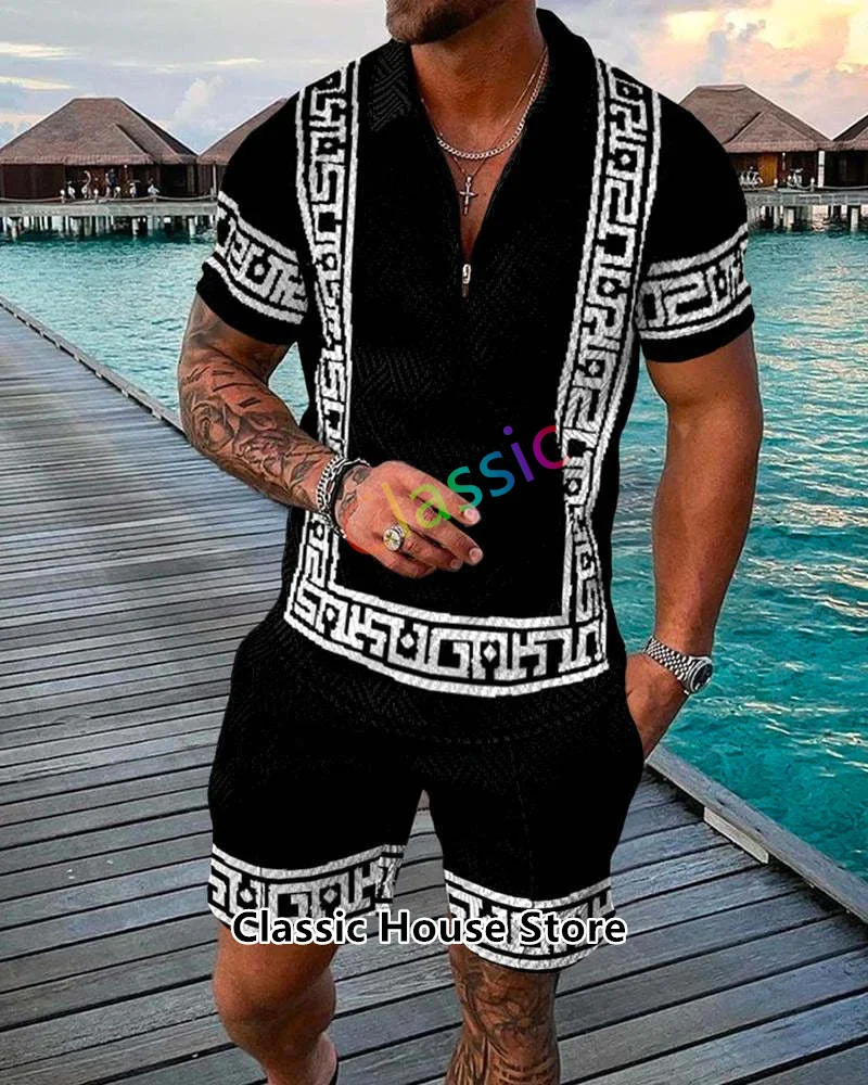 Men's Polo Shirts Tracksuit Sets Luxury Brand Summer Casual Suit Zipper Lapel T-shirt Short Sleeve Male 2 Piece Outfits Clothes