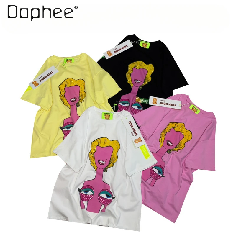 

Cartoon Character Printed Casual Short-Sleeved T-shirt 2024 Spring Summer New Rhinestone Round Neck Cotton Top Women Clothing