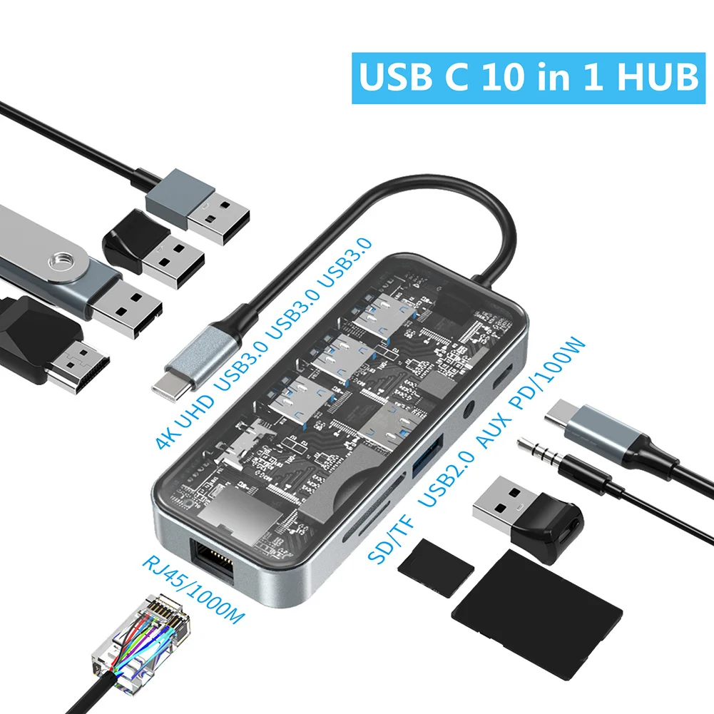 

10 In 1 USB C Hub Multiport Adapter With Ethernet Adapter 4K 30Hz HD VGA USB C USB 3.0 USB 2.0 SD TF Card Reader for Laptops