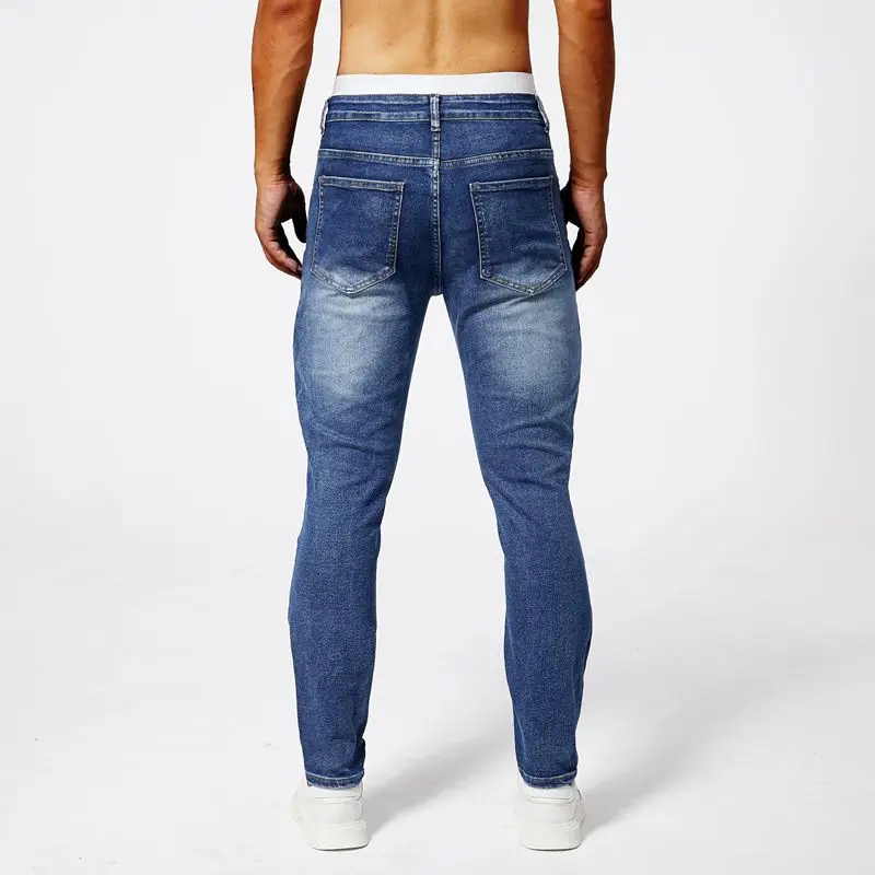 Two tone distressed patchwork jeans for men trendy jeans for summer thin straight leg pants slim fit small leg distressed jeans 2