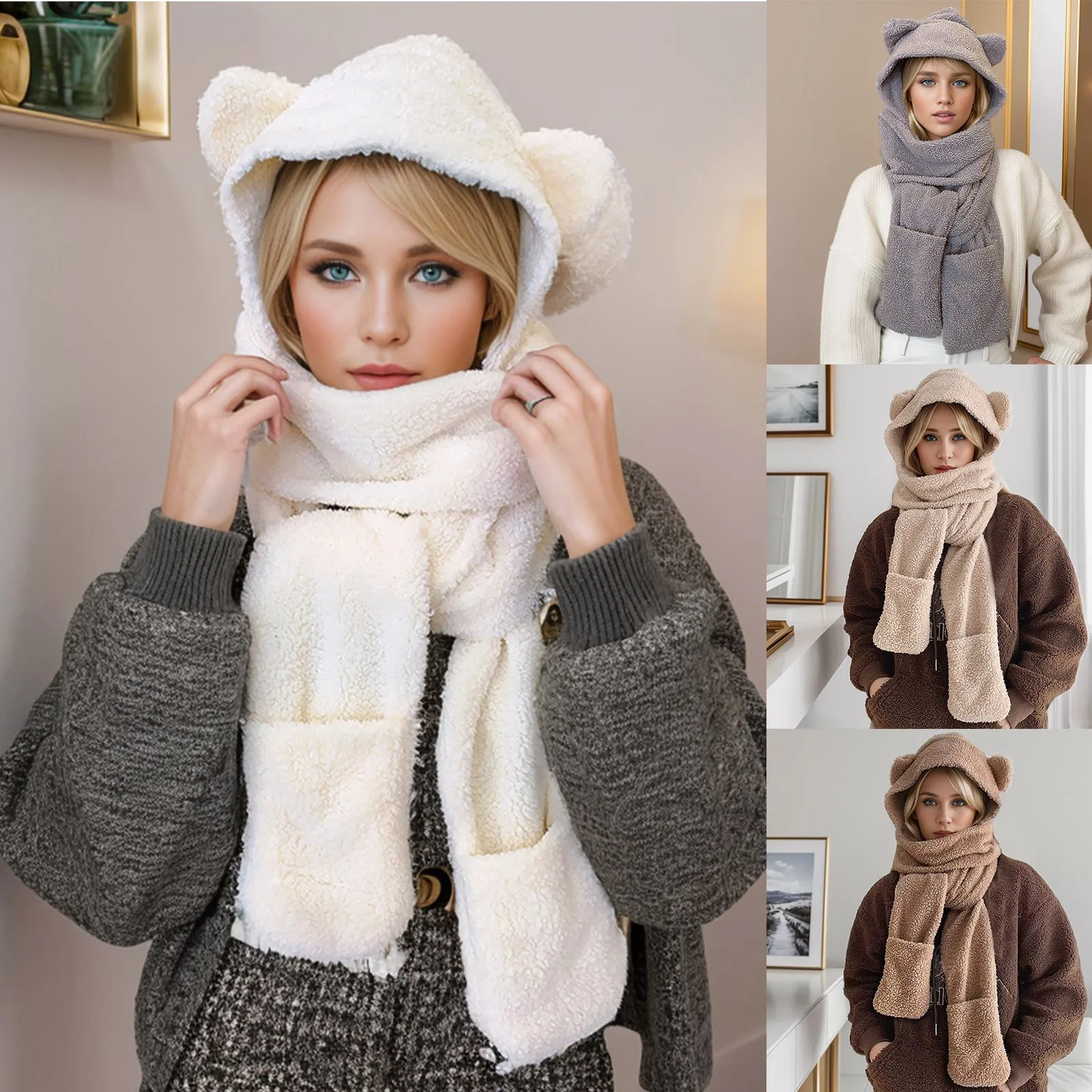 Gorro con orejas de oso para mujer, bufanda, gorro de invierno 2023, cálido, informal, de felpa, con capucha, forro polar peludo para niña_voghion.com