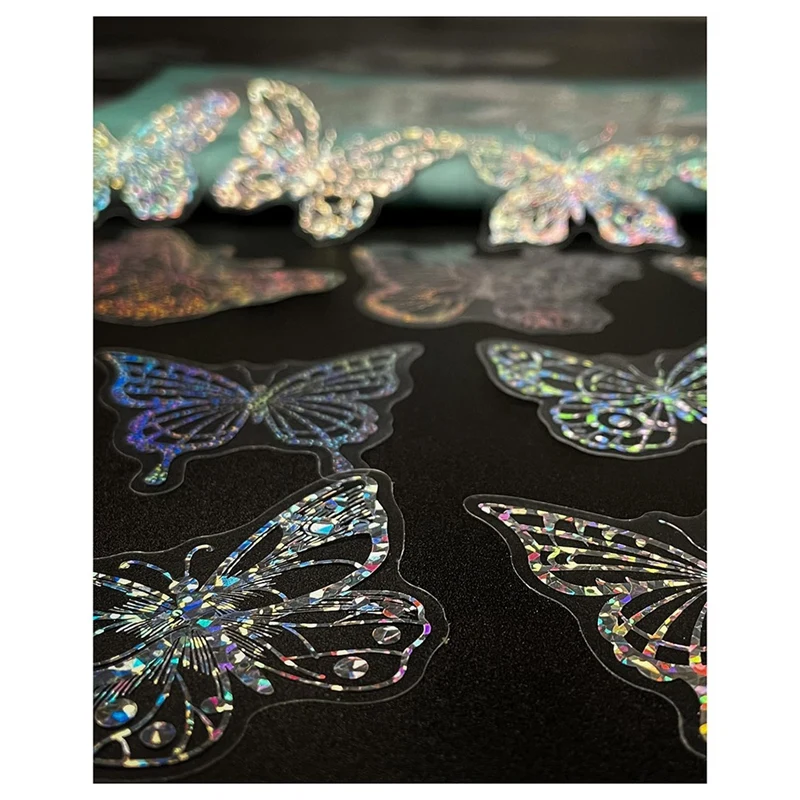 【】100Pcs Holographic Glitter Butterfly Stickers, Vintage Butterfly Waterproof Transparent Decorative Decals