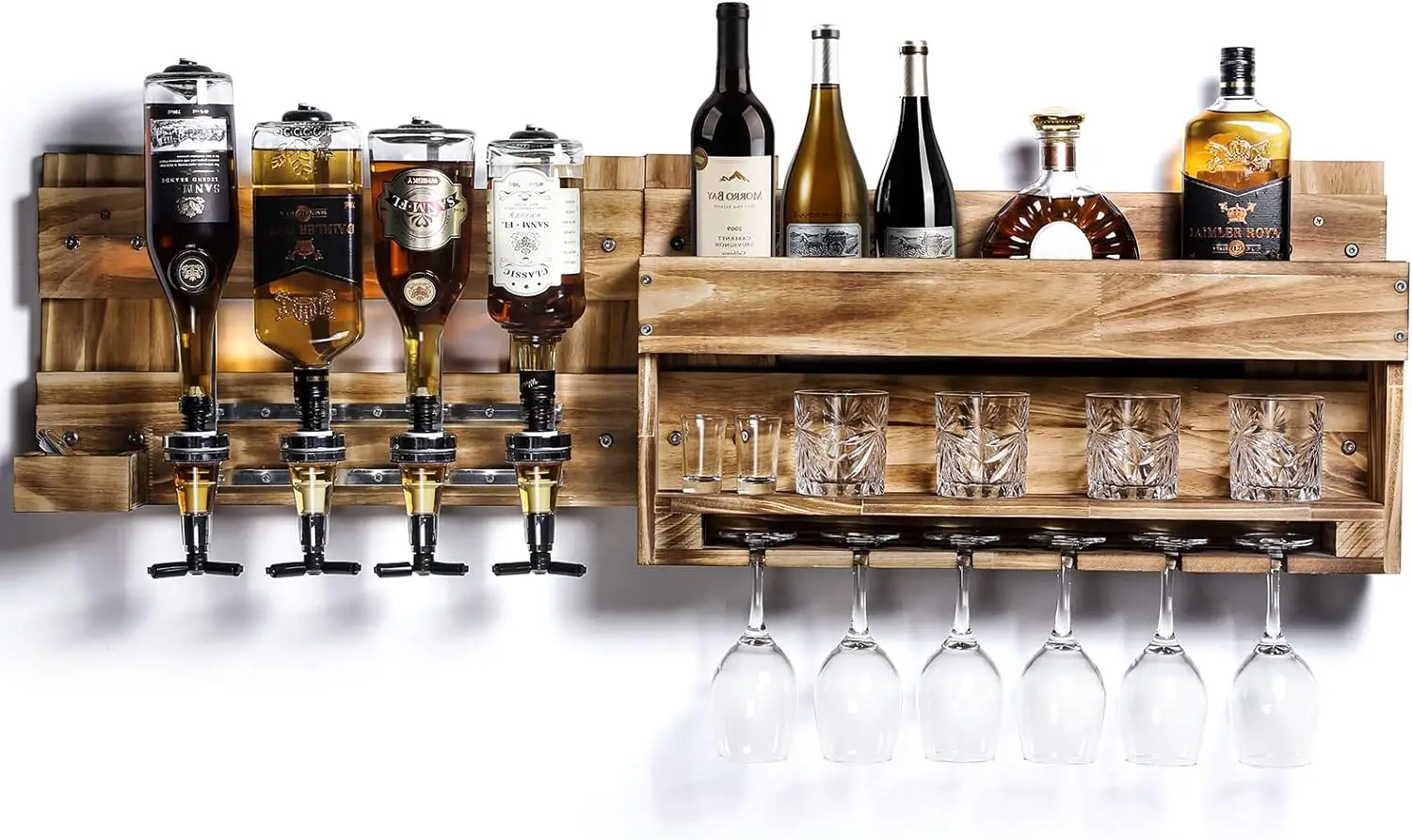 

Mounted Wood Wine Shelf with Bottle Stemware Glass Holder Rustic Wine Display Storage with 4-Bottle Liquor Dispenser for Home B