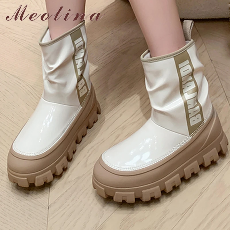 

Meotina Women Patent Leather Ankle Short Boots Round Toe Flat Platform High Heels Pleated Fur Snow Boots Ladies Shoes Winter 40