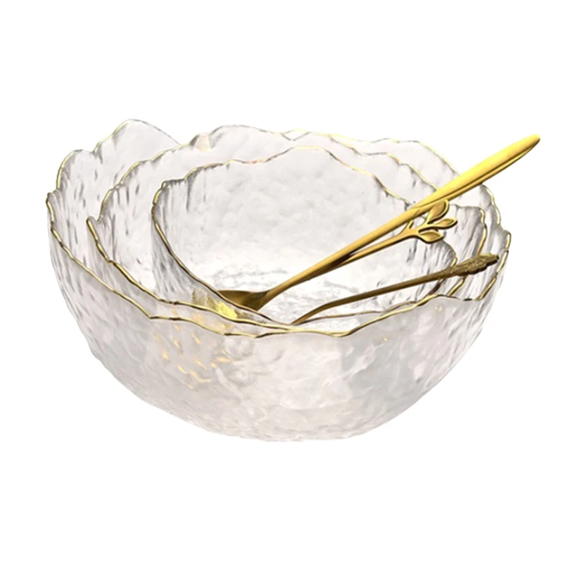 

Transparent Glass Salad Fruit Bowl Irregular Soup Glass Bowl With Gold Inlay Edge
