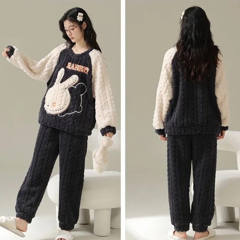2024 New Sleepwear Women's Autumn Winter Thick Plush Sleepwear Coral Velvet Cartoon Cute Loungewear Warm Flannel Homewear Set