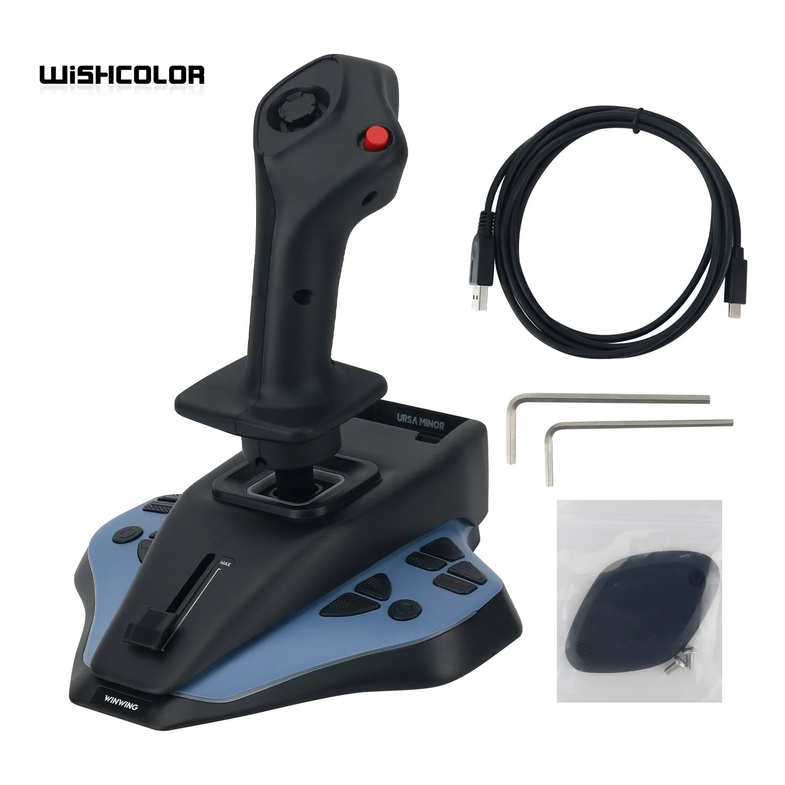 Détail des boutons et du chapeau de commande sur le Joystick WINWING URSA MINOR Airline version First Officer.