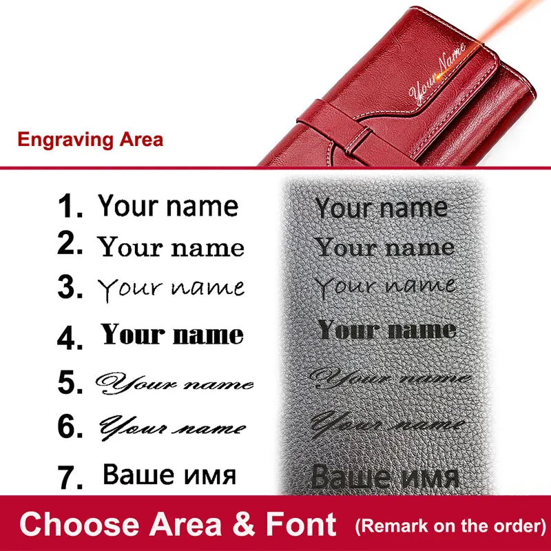 New Genuine Leather Women RFID Wallets Handbags Name Engraving Card Holder Female Purse Big Capacity Phone Bag Women's Wallet 3