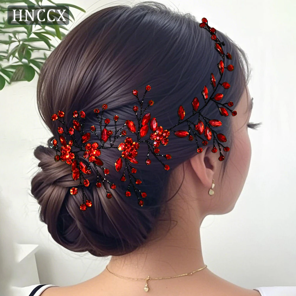 HNCCX 우아한 레드 컬러 라인스톤 꽃 신부 헤어 바인 야외 결혼식 연회용 수제 헤드피스 프롬 헤어 밴드 HP65
