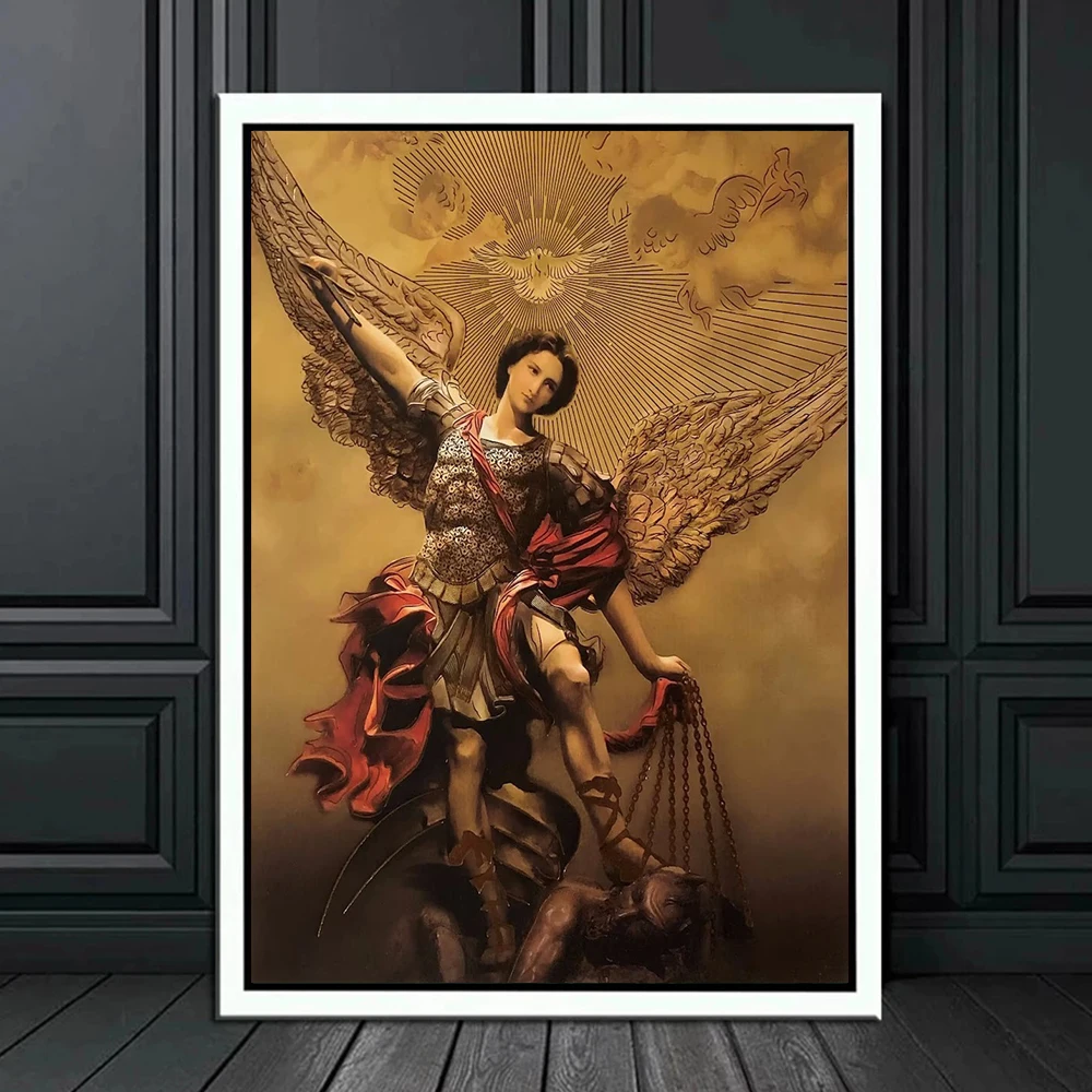 Toile Imprimée Effet Vitrail Archange Saint Michel - Art Mural Chrétien