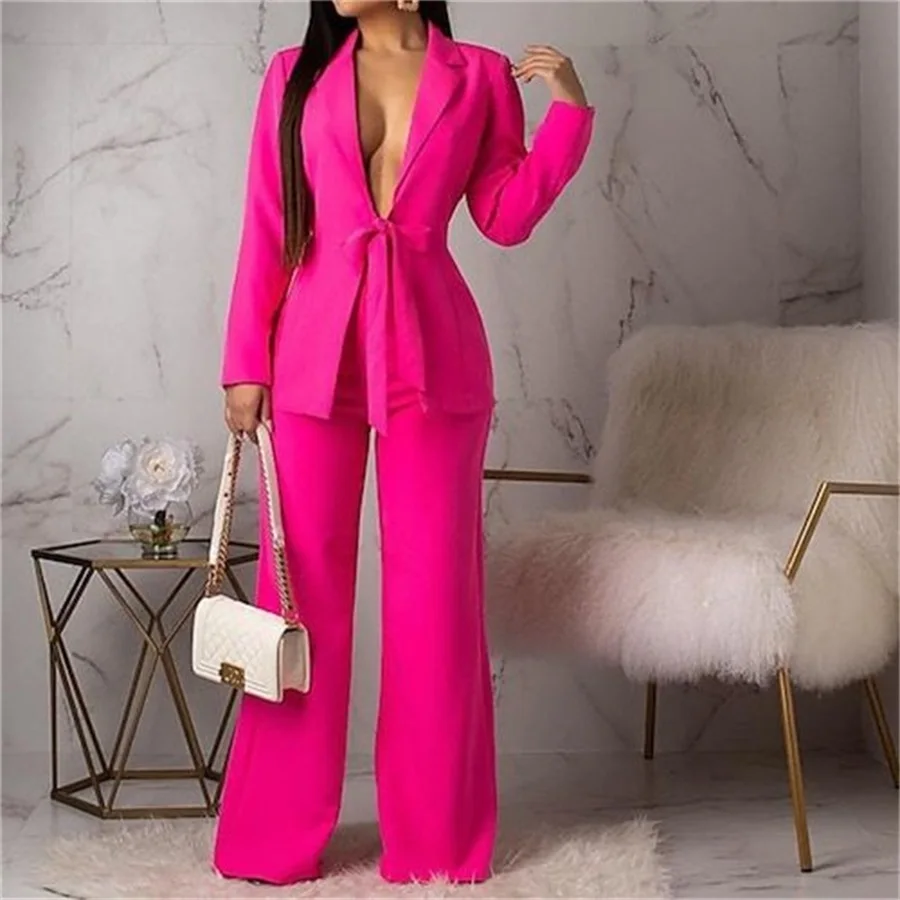 

Barbiecore Pink Women Suits Custom Made 2 Piece Blazer With Belt Lace Up + Pants Single Breasted Formal Prom Evening Dress