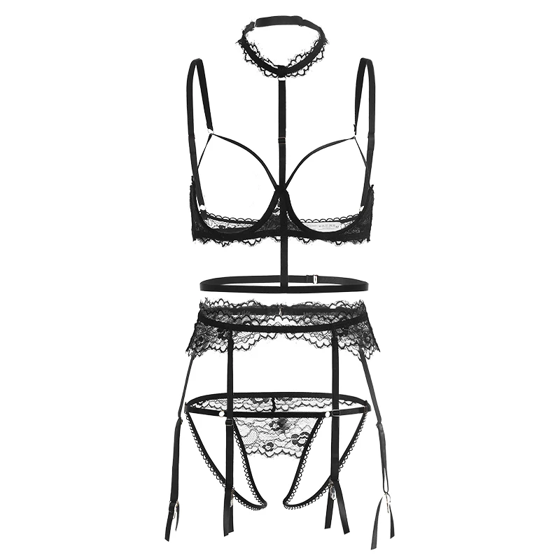 

Tulin Fashion4PCS Halter Bra Crothcless Panty Belt Lingerie Set Sexy See Through Embroidery Lace Open Crotch G-string Lenceria