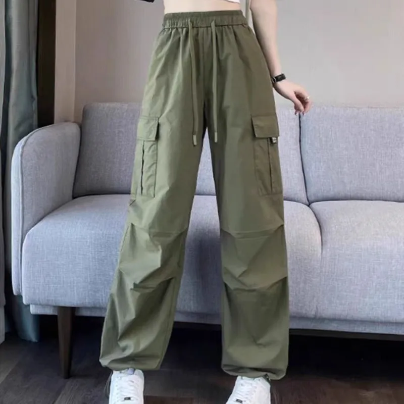 Spring Autumn Bandage Women's Pockets Elastic Solid Drawstring Button High Waisted Workwear Wide Leg Vintage Trousers Pants