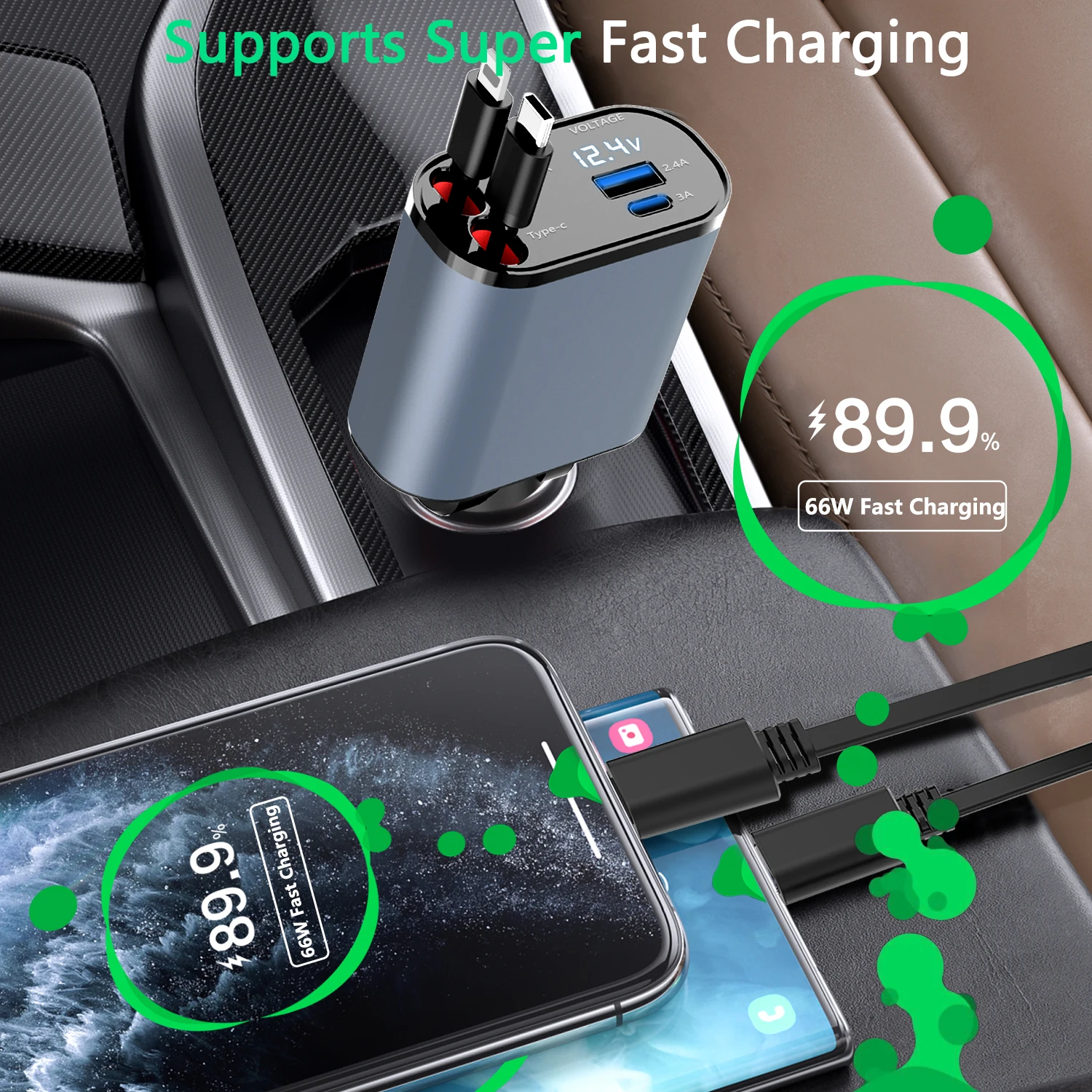 4 in1 Fast Charger 100W Retractable Car Charger USB Type C Cable For IPhone Samsung Fast Charge Cord Cigarette Lighter Adapter