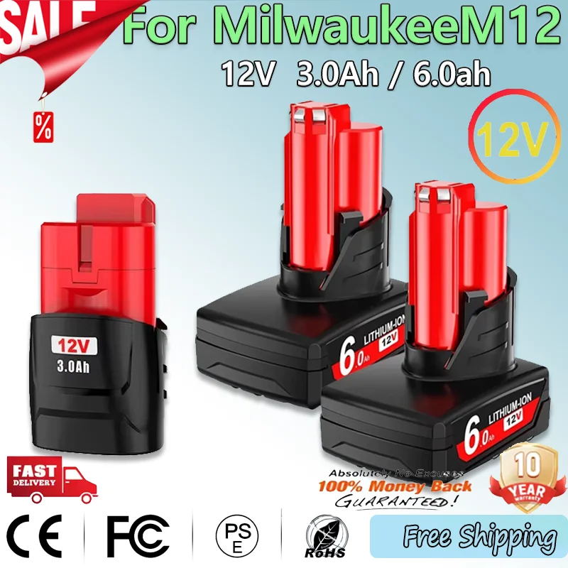 For Milwaukee M12 Battery 6.0Ah/3.0Ah 12V Rechargeable Battery For M12 Tool 48-11-2402 48-11-2411 48-11-2401MIL-12A-LI Power tool battery rechargeable battery