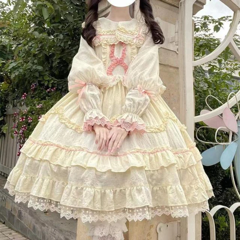 

Coalfell {In Stock} Original Design Japanese Sweet Lolita Dress Women Vintage Lace Solid Color OP Long Sleeved Princess Dresses