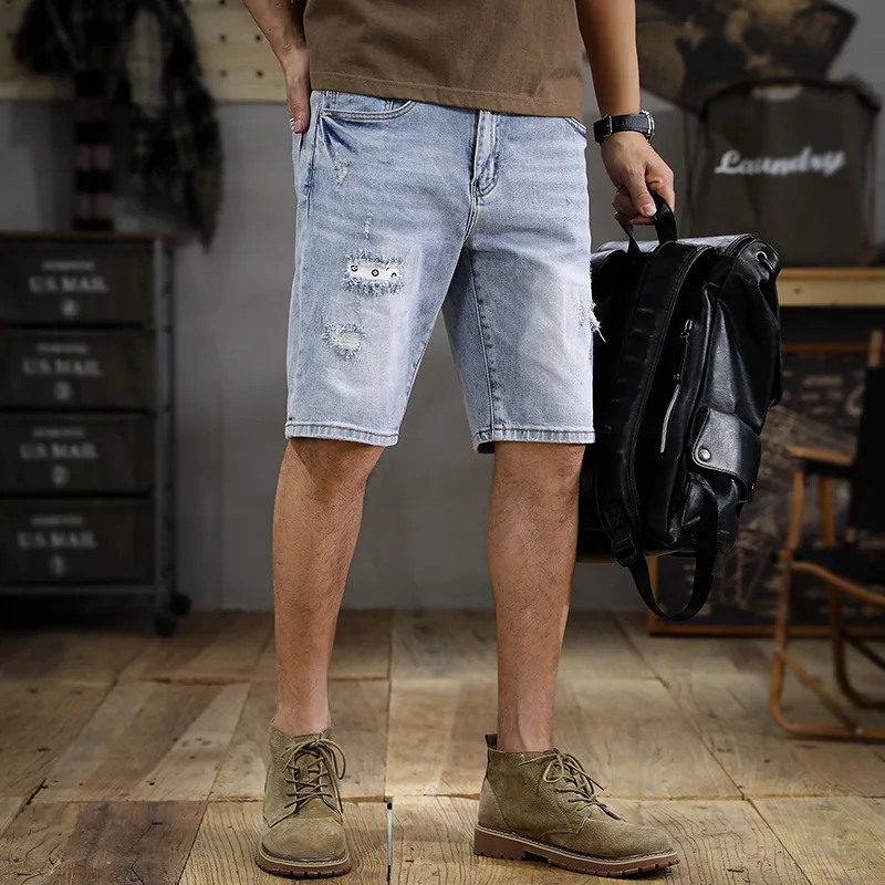 

Summer Thin Scrape Ripped Men's Jeans Shorts 2024 New Retro Distressed Slim Straight Ins Washed Light Blue Cropped Pants