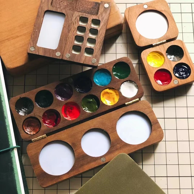 12 grids/24 grids Mini Portable Painter Paint Box Black Walnut/Cherry Wood Handmade Watercolor Paint Box Empty