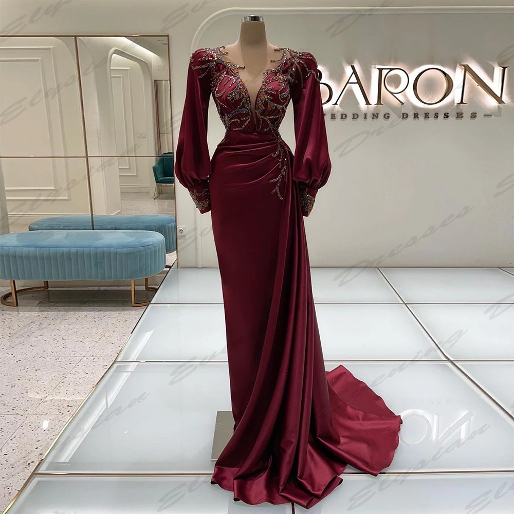 

Gorgeous Beautiful Romantic Evening Dresses A-Line Sexy Deep V-neck Fluffy Long Sleeves Fashion Simple Mopping Party Prom Gowns