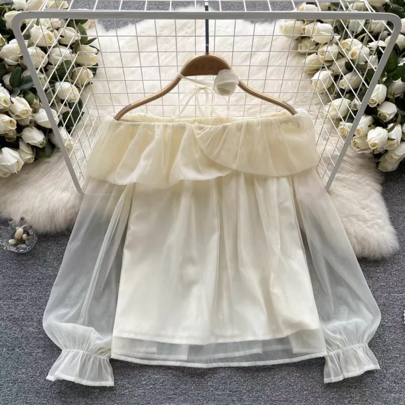 

2023 Модные прозрачные сексуальные шифоновые рубашки и блузки с открытыми плечами и длинным рукавом Женские Элегантные Топы весенние однотонные Блузы 26561