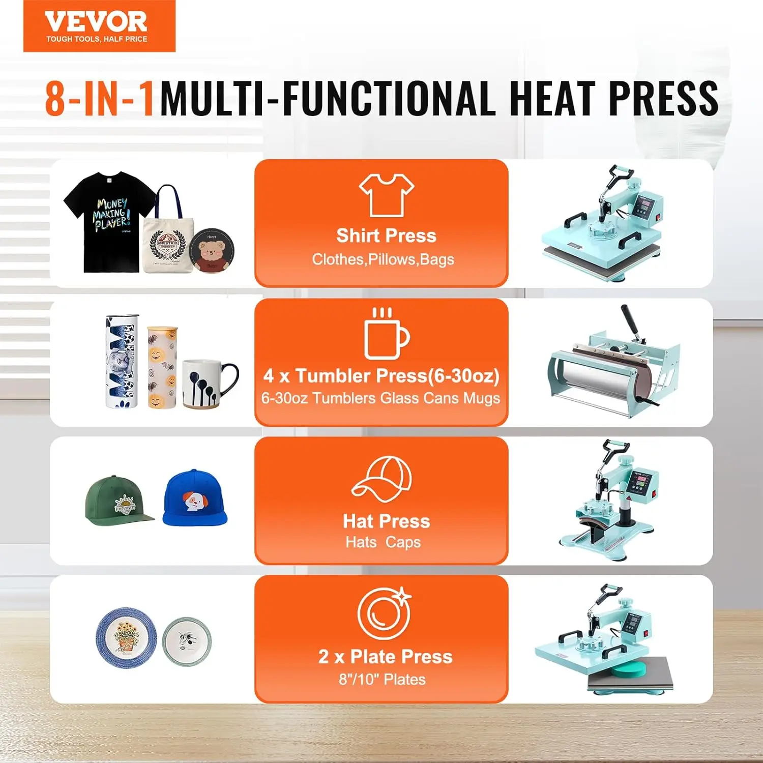 15x15 Heat Press Machine 8 in 1 Combo with 30 OZ Tumbler Press & Hat Press, Slide Out Heat Press Sublimation Machine