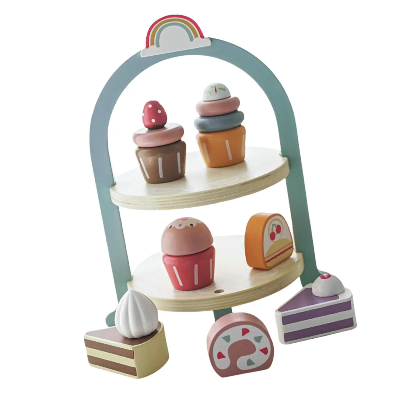 

Wooden Dessert Set Montessori with Cake Stand Pretend Play Colorful Cookies for