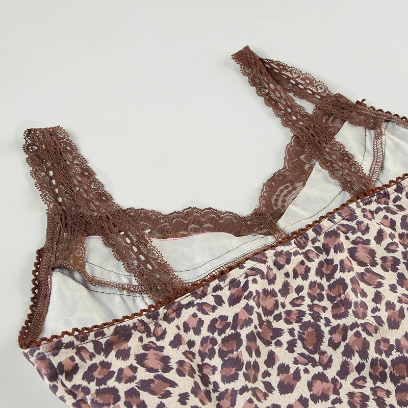 Y2k Leopard Lace Trim V-Neck Halter Tops Women Sexy Slim Hotsweet Bow Lace Up Tanks s New