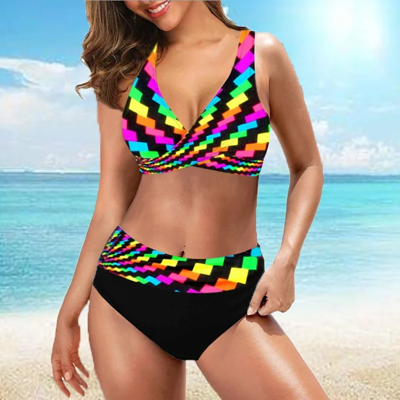 Women's Casual Fashion Vacation Swimsuit Two-piece Set, Summer Seaside Swimming Pool Color Water Ripple Print Beach Bikini S-5XL