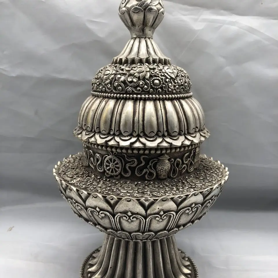 

Old Chinese Tibet Silver Handcarved Lid Incense Burner