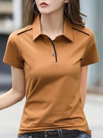 Women's neckline contrast design solid color short sleeve POLO shirt fashion casual knit top can be machine washed and dry clean - Image 5