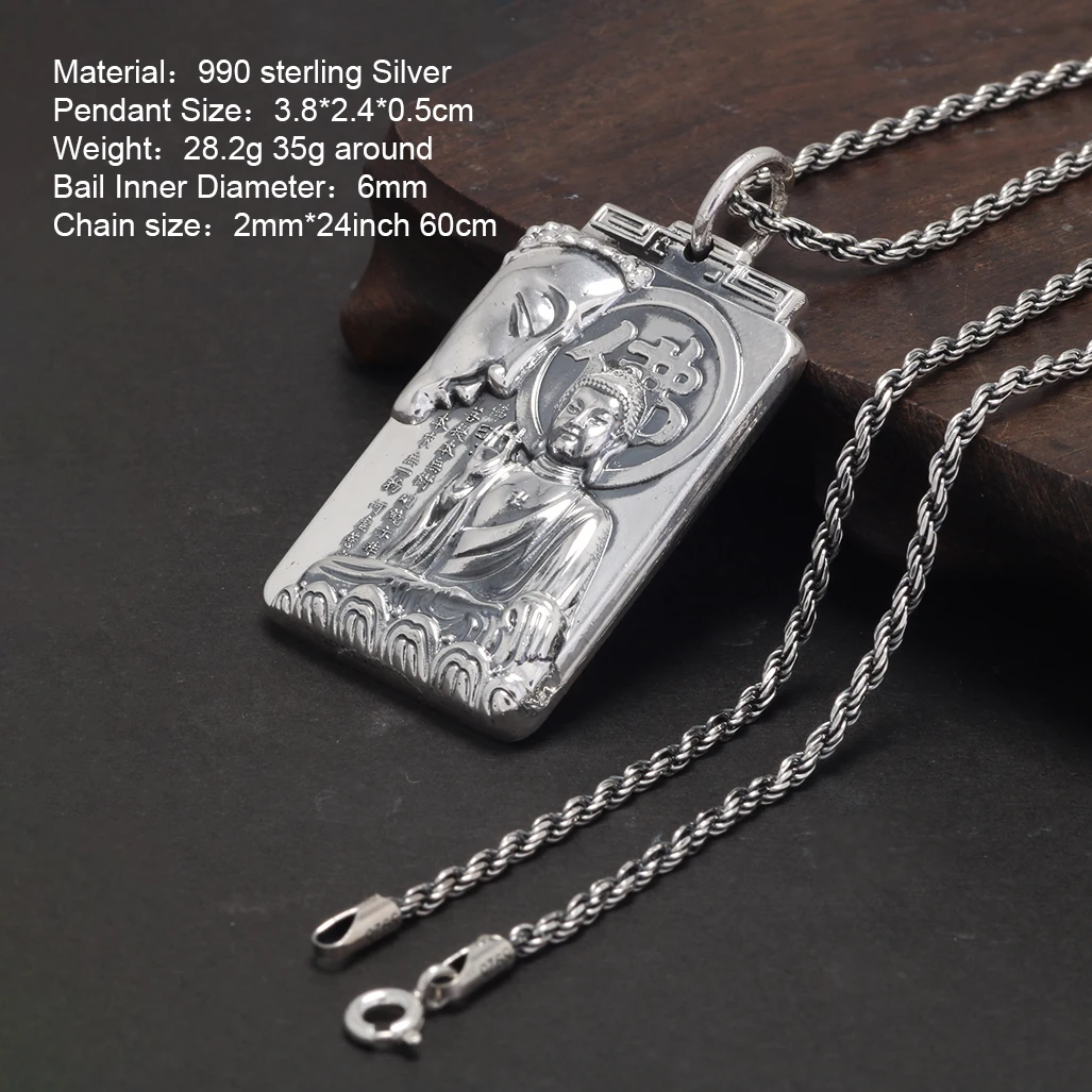 S990 Sterling Silver Embossed Halfbody Buddha Pendant Necklace for Men and Women with Heart Sutra Buddhist Jewelry Amulet